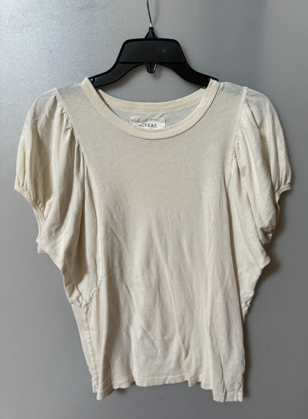 The Great Womens Size 0 Xsmall Puff Sleeve Distressed Ivory Shirt Minimalist